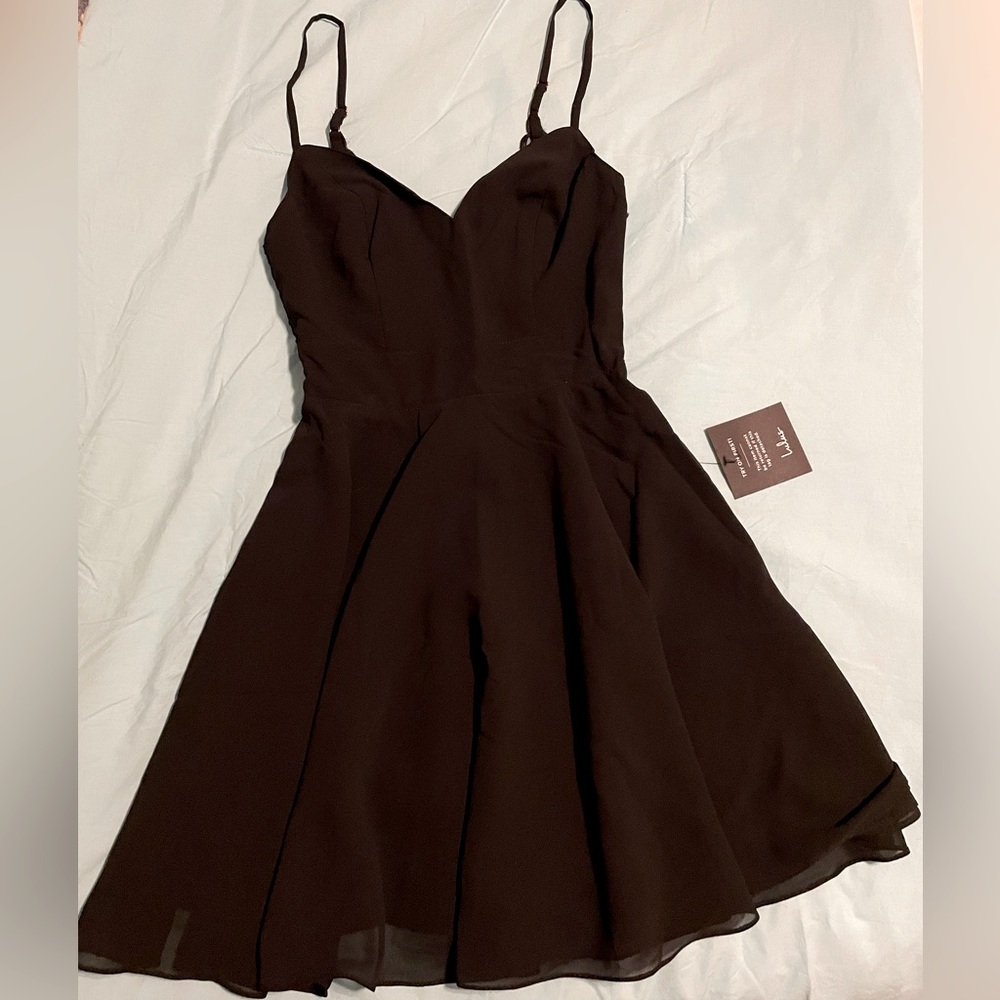 Lulu's Chic Black Mini Dress with Spaghetti Straps and Lace Back Detail